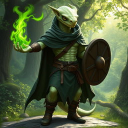 A half human, half snake man character with fine pale green scales, showcasing a distinctive snake yuan-ti face with large round snake-like eyes