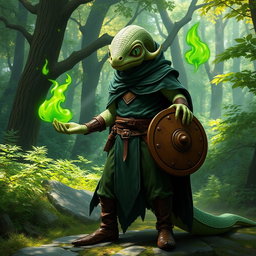 A half human, half snake man character with fine pale green scales, showcasing a distinctive snake yuan-ti face with large round snake-like eyes