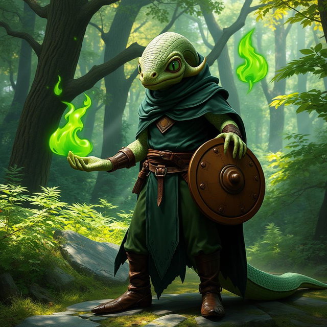 A half human, half snake man character with fine pale green scales, showcasing a distinctive snake yuan-ti face with large round snake-like eyes