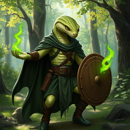 A half human, half snake man character with fine pale green scales, showcasing a distinctive snake yuan-ti face with large round snake-like eyes