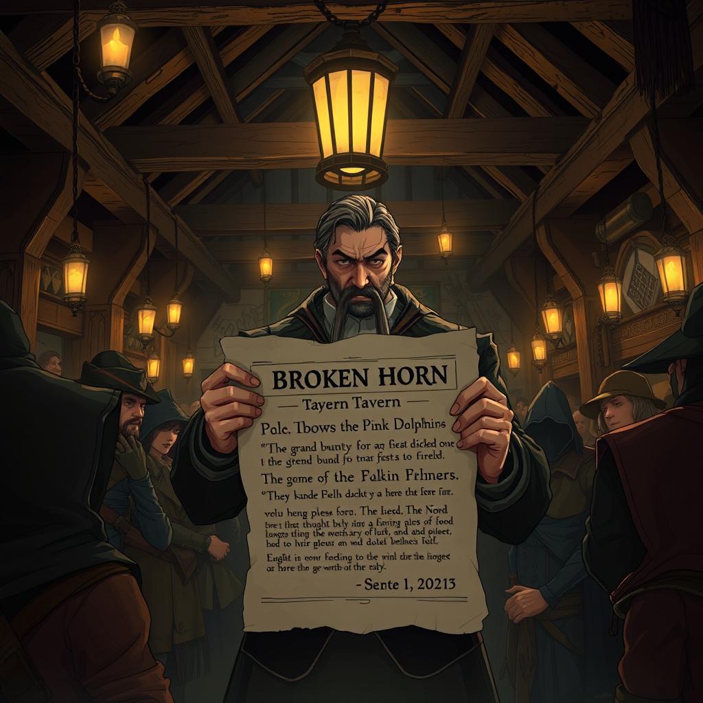A dark and atmospheric medieval fantasy tavern filled with adventurers, bounty hunters, and merchants
