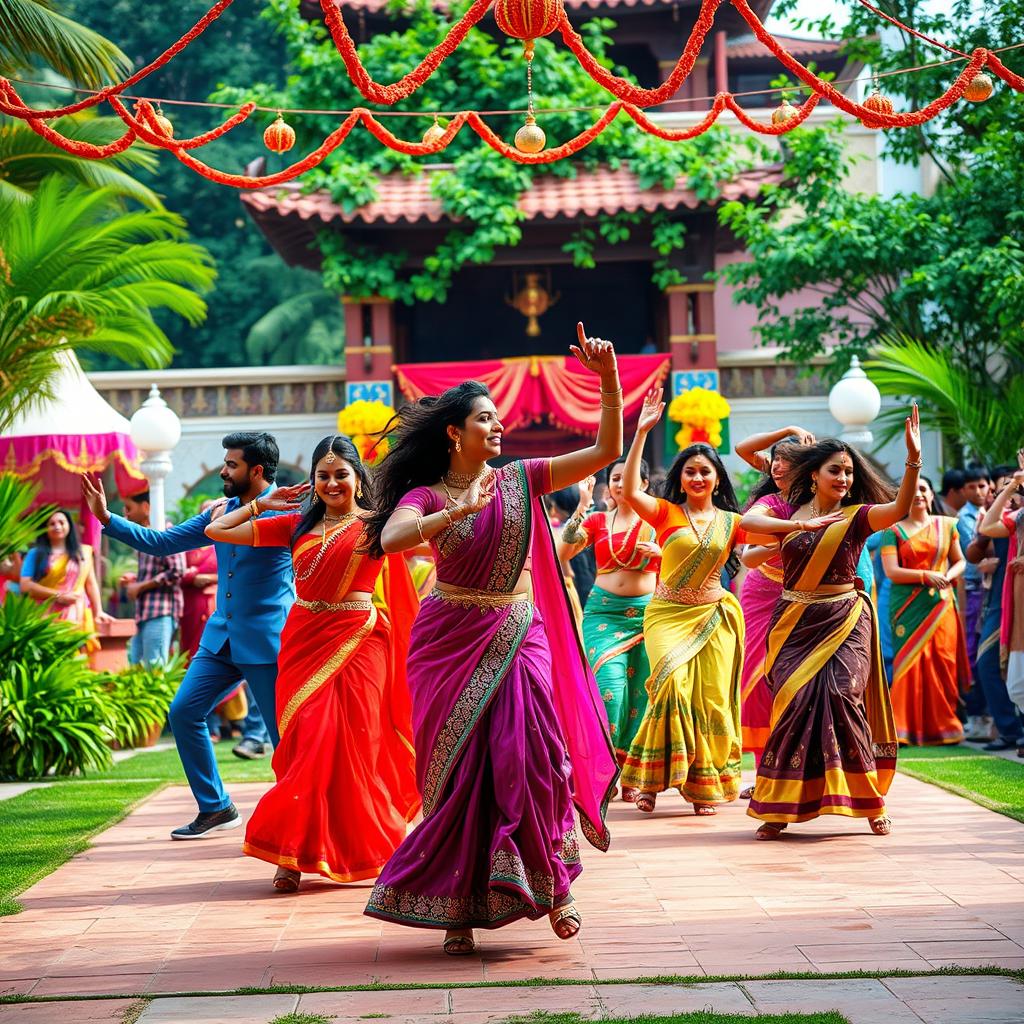A vibrant and colorful scene inspired by the essence of Indian cinema, showcasing an extravagant dance number set in a grand outdoor location