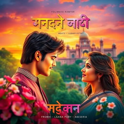 A vibrant Bollywood movie poster showcasing a romantic scene under a colorful sky at sunset