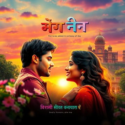 A vibrant Bollywood movie poster showcasing a romantic scene under a colorful sky at sunset