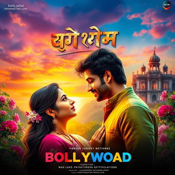 A vibrant Bollywood movie poster showcasing a romantic scene under a colorful sky at sunset