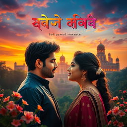 A vibrant Bollywood movie poster showcasing a romantic scene under a colorful sky at sunset