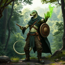 A half human, half snake man with fine pale green scales and large round snake eyes