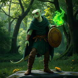 A half human, half snake man with fine pale green scales and large round snake eyes