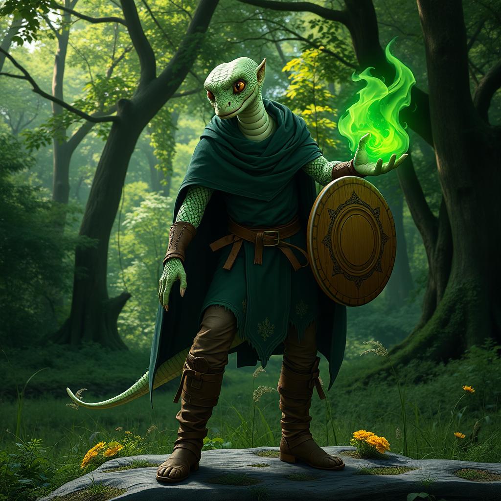 A half human, half snake man with fine pale green scales and large round snake eyes