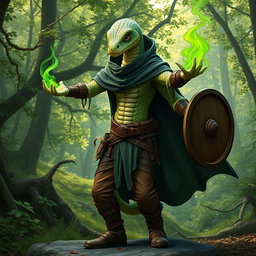 A half human, half snake man with fine pale green scales and large round snake eyes