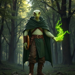 A man with fine pale green scales covering his body and large, striking snake eyes