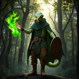 A man with fine pale green scales covering his body and large, striking snake eyes