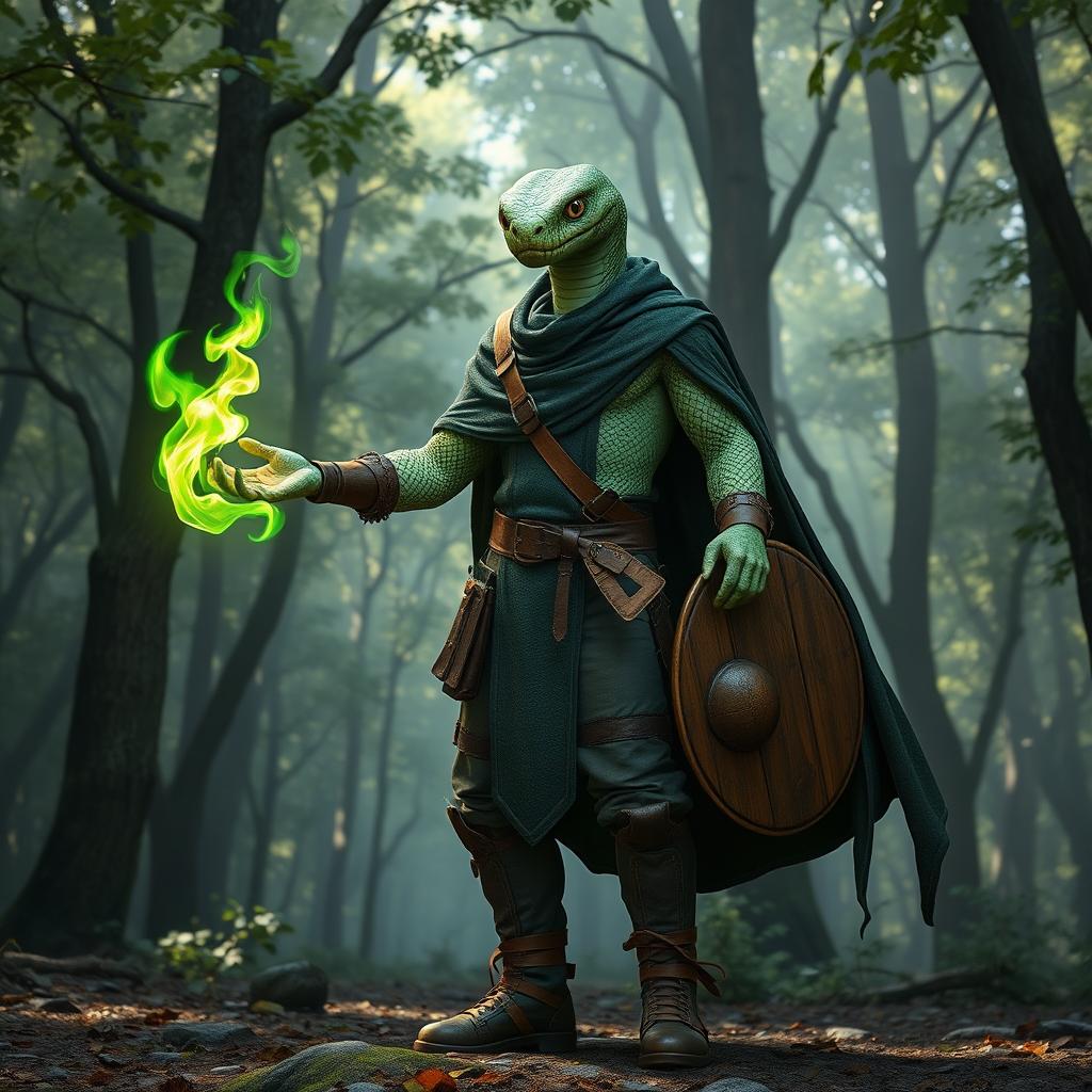 A man with fine pale green scales covering his body and large, striking snake eyes