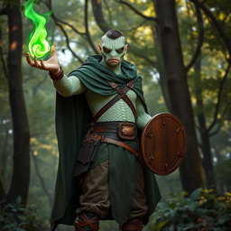 A man with fine pale green scales covering his body and large, striking snake eyes