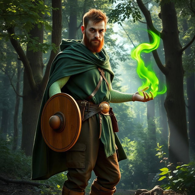 A tall man with short brown hair and a short beard, featuring fine pale green scales on his face and skin