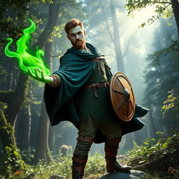 A tall man with short brown hair and a short beard, featuring fine pale green scales on his face and skin