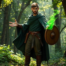 A tall man with short brown hair and a short beard, featuring fine pale green scales on his face and skin