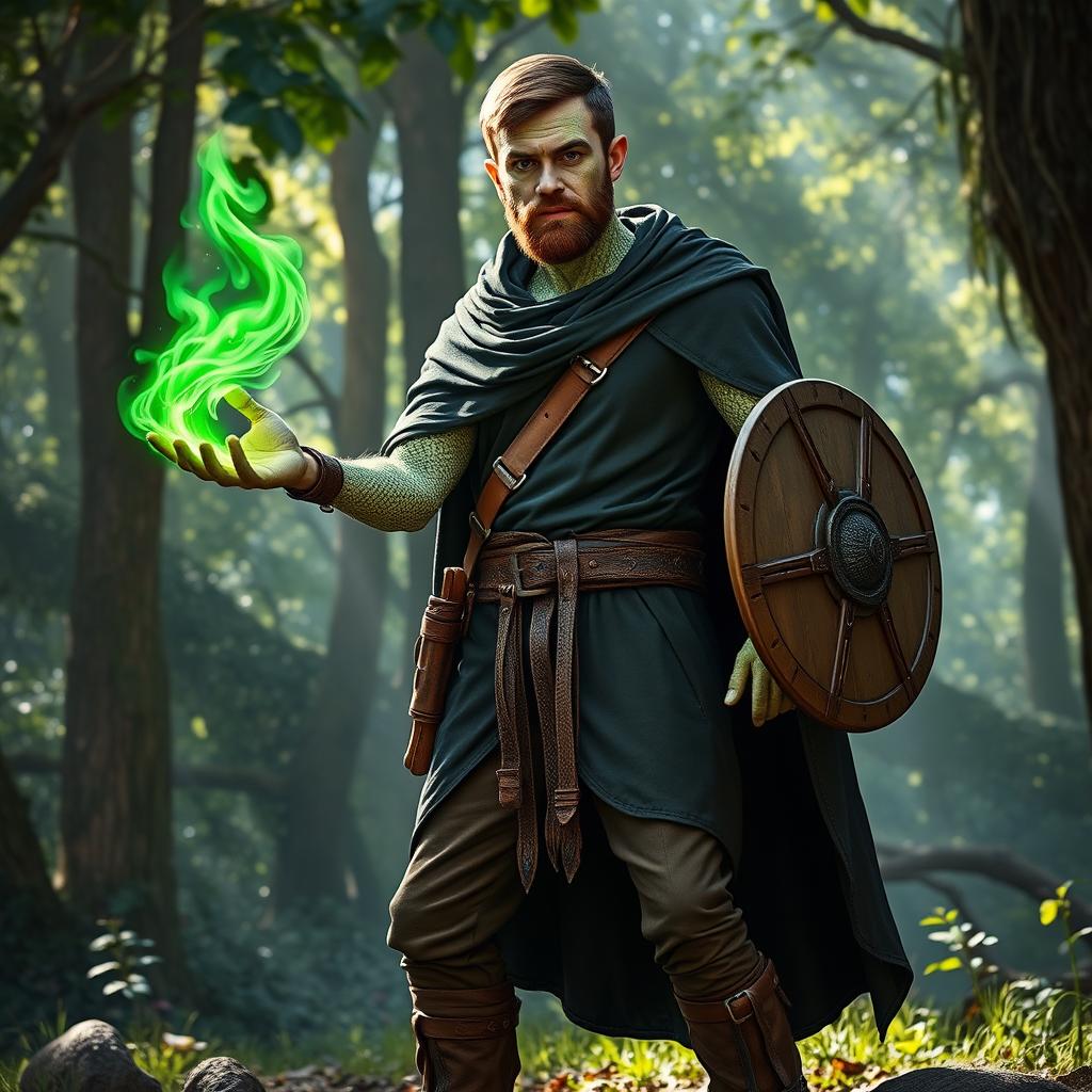 A tall man with short brown hair and a short beard, featuring fine pale green scales on his face and skin