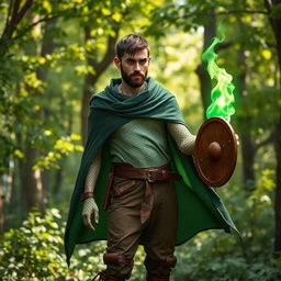 A man with short brown hair and a short beard, showcasing fine pale green scales on his face and skin