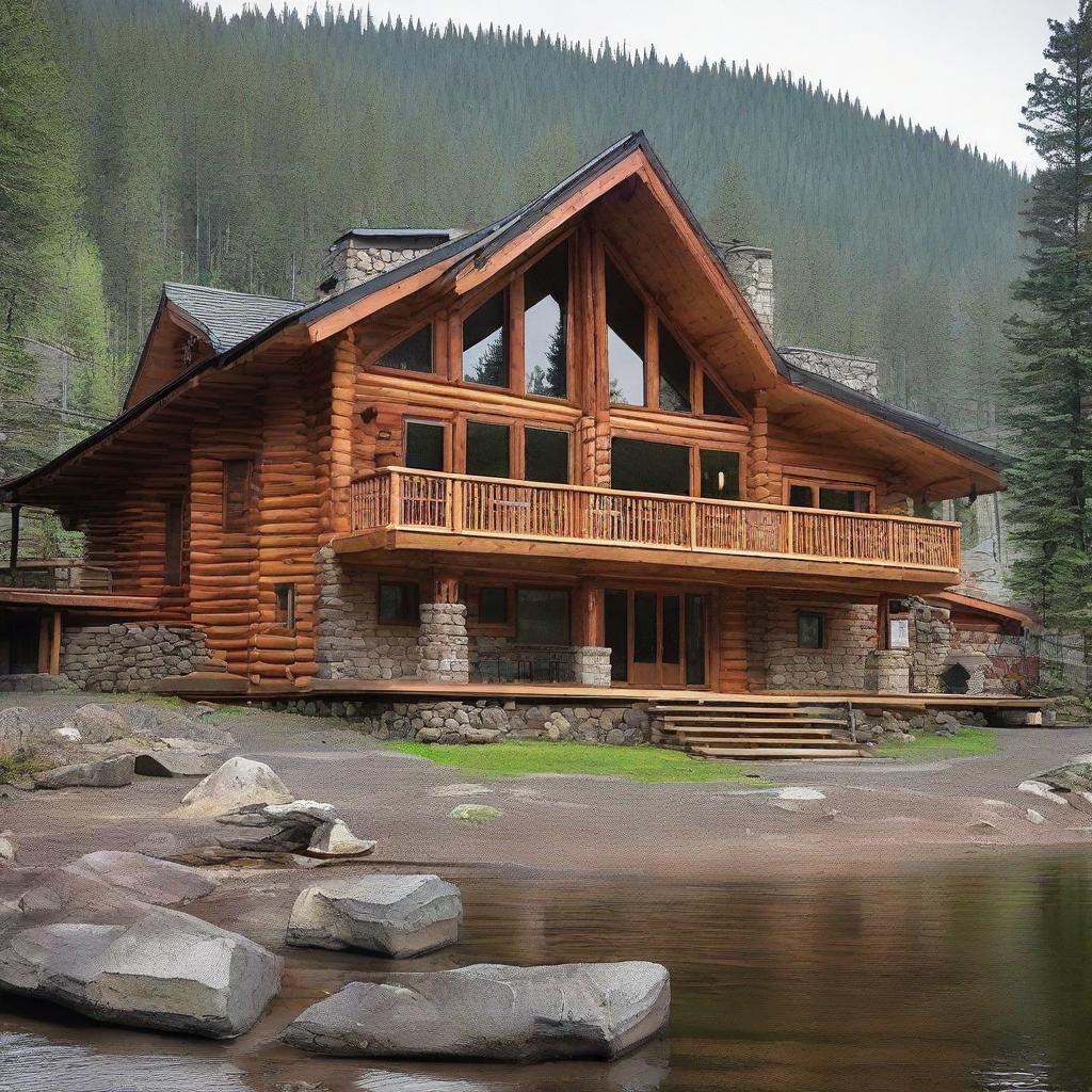 A majestic two-storey retreat camp administration building nestled on a mountainside. It features two professional offices, three cozy bedrooms, a functional kitchen, and grandscale dining facilities for 80 people, as well as a gathering area arranged around a roaring fireplace.