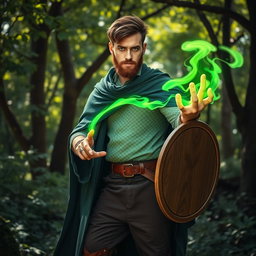 A man with short brown hair and a short beard, showcasing fine pale green scales on his face and skin