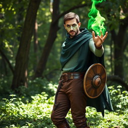 A man with short brown hair and a short beard, showcasing fine pale green scales on his face and skin