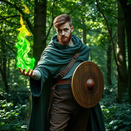 A man with short brown hair and a short beard, showcasing fine pale green scales on his face and skin