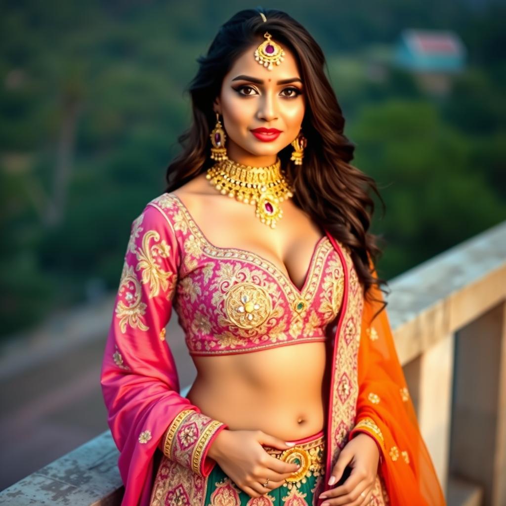 A woman dressed in traditional Indian attire, featuring a stunning lehenga and choli, with a prominent big deep navel that adds to her allure