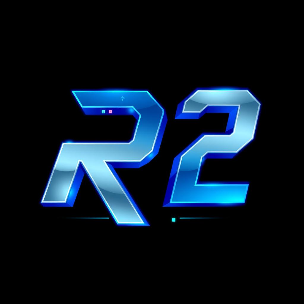 A modern and sleek 'R2' logo designed specifically for a YouTube gaming channel
