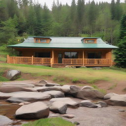 A scenic, two-storey retreat camp administration building located on a mountainside, housing two offices, three bedrooms, a kitchen, a spacious dining area capable of seating 80 persons, and a communal gathering area with a roaring fireplace at its heart.