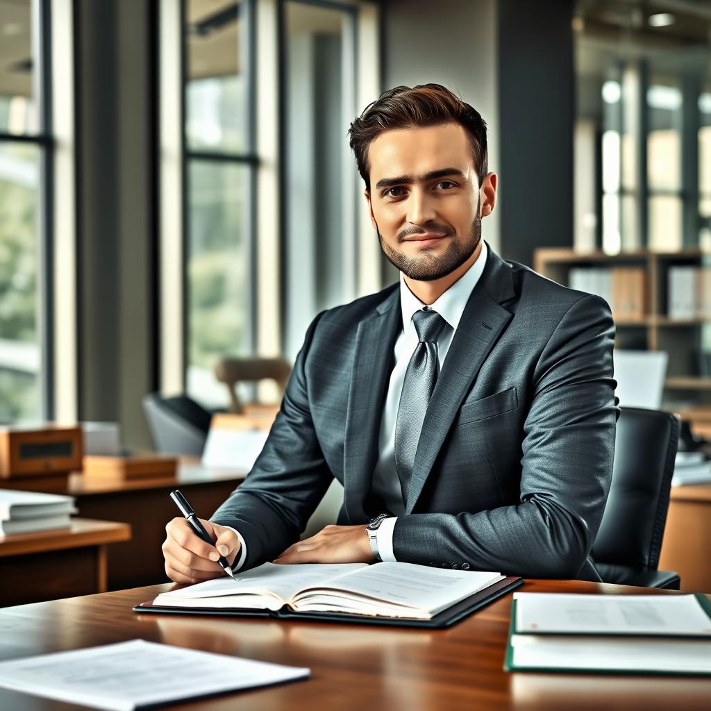 A professional lawyer in a stylish office, wearing a tailored dark gray suit and a crisp white shirt with no tie