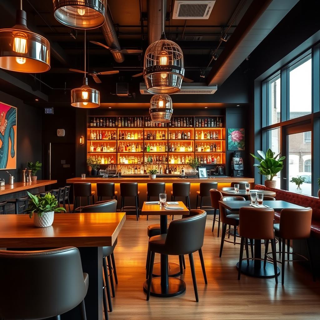 A stylish and contemporary bar interior showcasing chic design elements