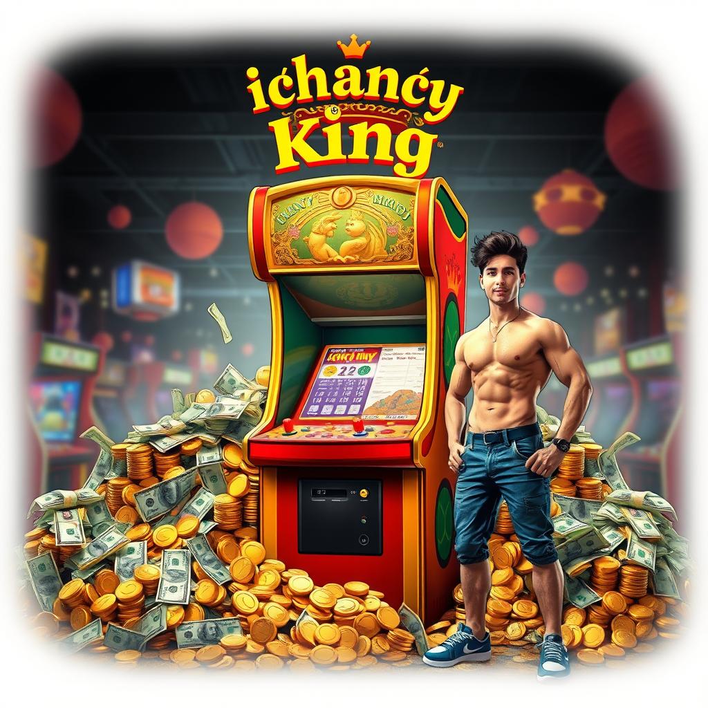 A vibrant and detailed image featuring an ichancy arcade machine surrounded by a large pile of mixed currencies including coins, gold coins, and dollar bills