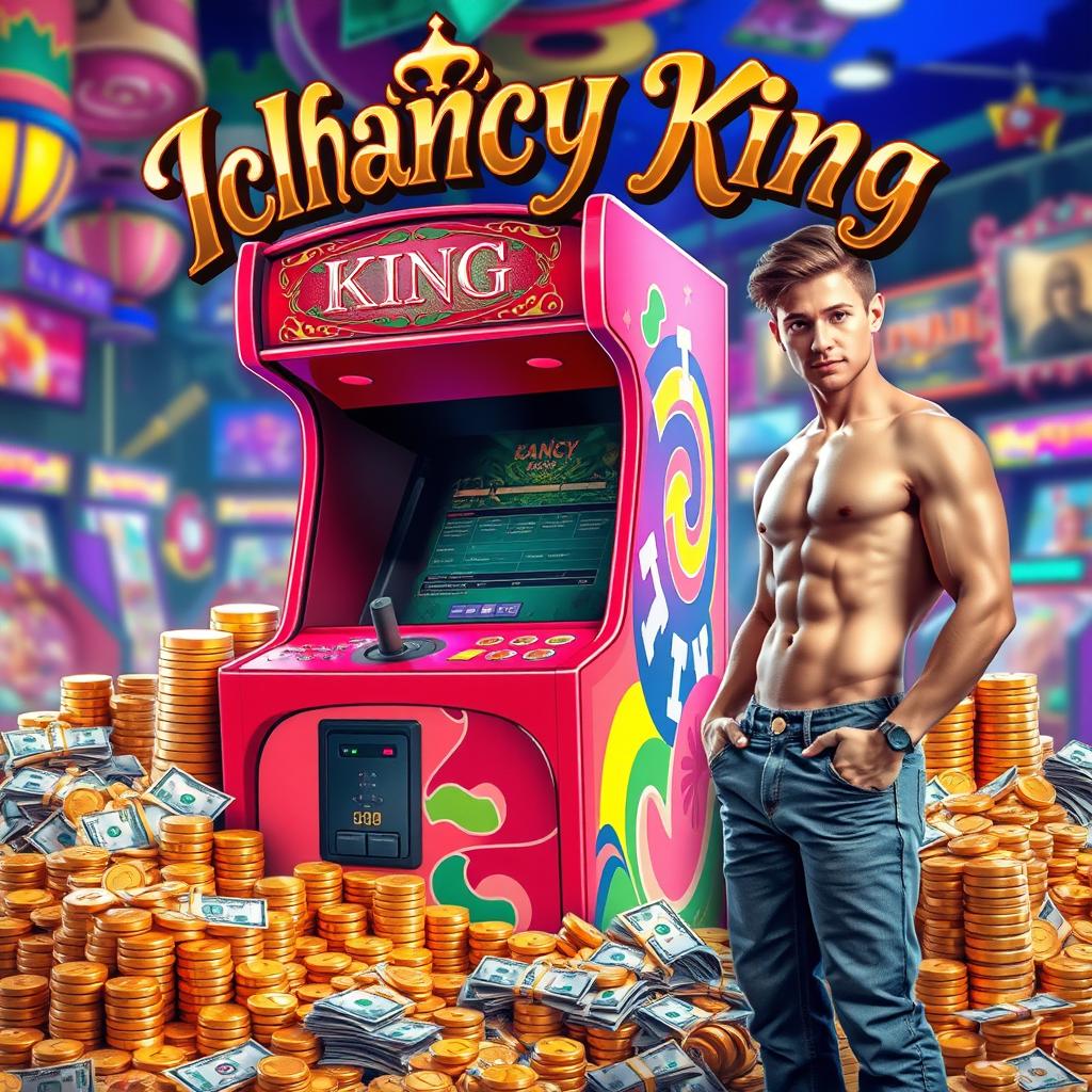 A vibrant and dynamic scene featuring an Ichancy arcade machine, surrounded by piles of coins, gold bars, and stacks of US dollars