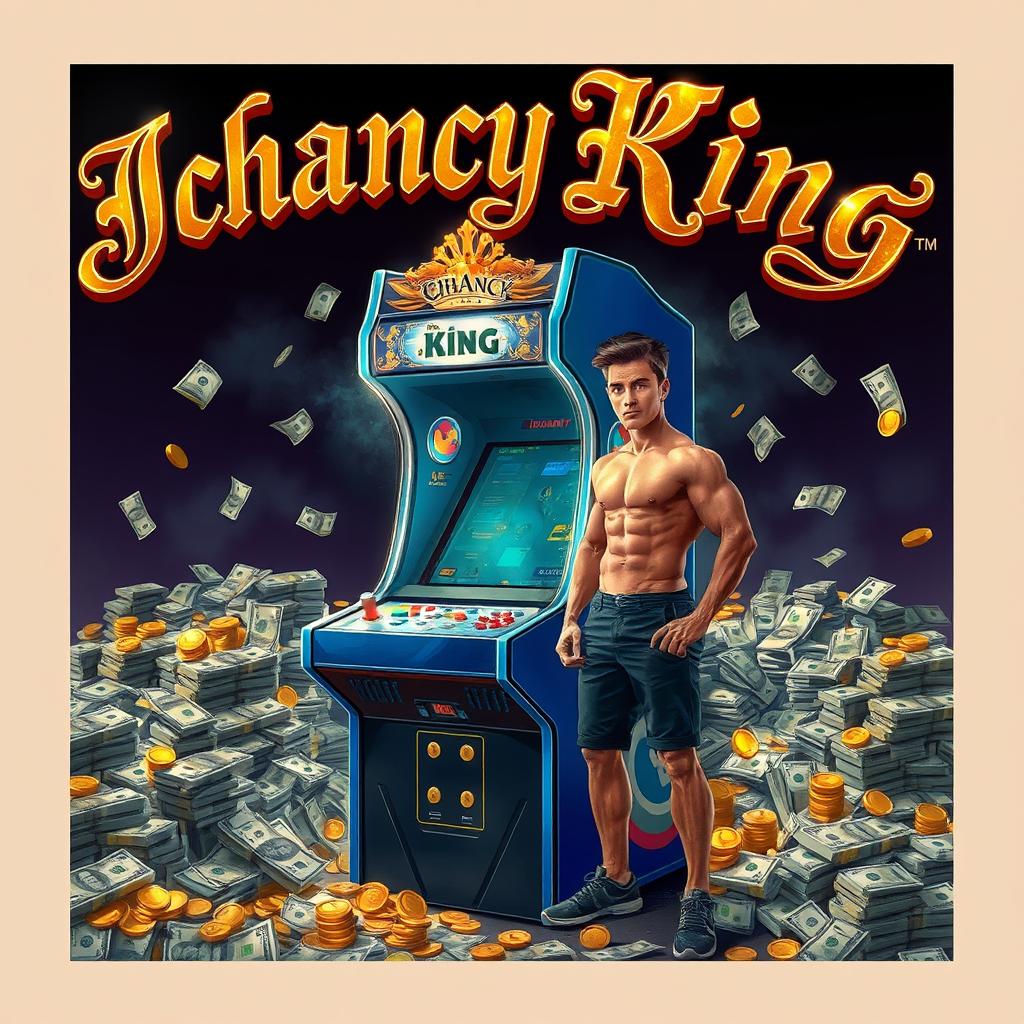 A realistic depiction featuring an Ichancy arcade machine surrounded by piles of cash, gold coins, and banknotes in dollars