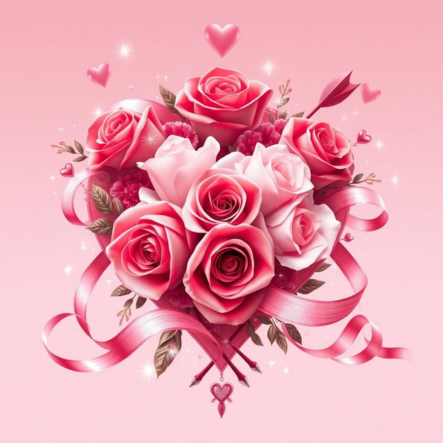 A beautiful symbol for Valentine's Day that is not a heart, featuring intertwined roses and delicate ribbons in soft pinks and reds, surrounded by sparkling stars and dazzling glitter, conveying a sense of romance and love