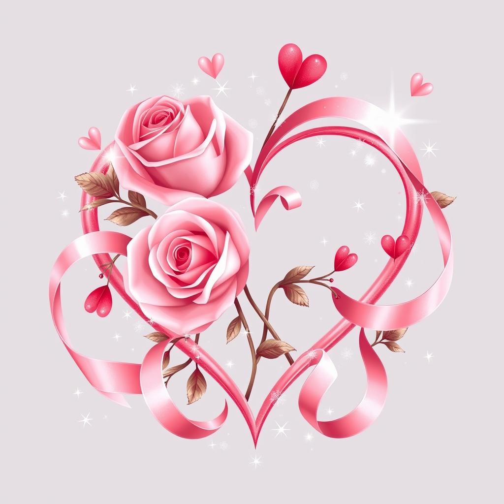 A beautiful symbol for Valentine's Day that is not a heart, featuring intertwined roses and delicate ribbons in soft pinks and reds, surrounded by sparkling stars and dazzling glitter, conveying a sense of romance and love