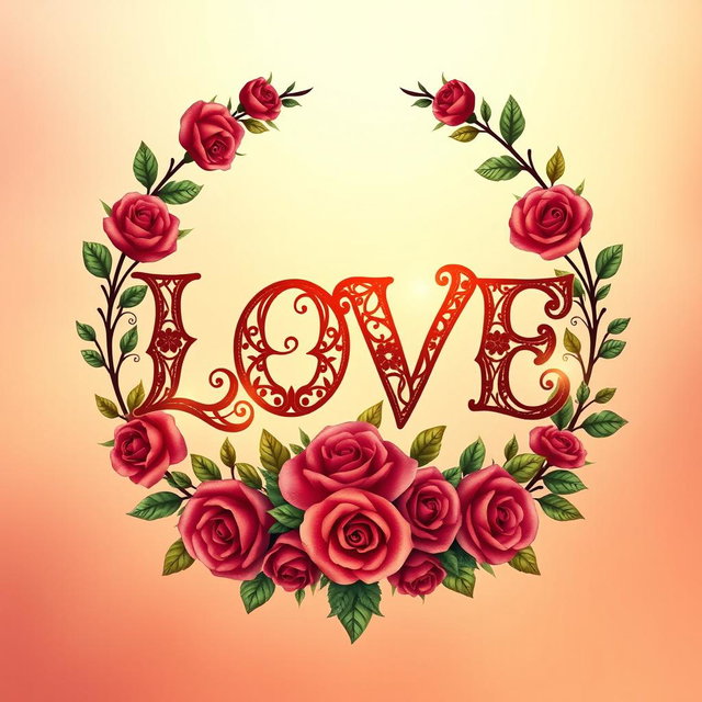 A captivating symbol for LOVE that avoids the heart shape, featuring the word 'LOVE' intricately designed with ornate floral patterns, surrounded by a circular wreath of vibrant roses and greenery