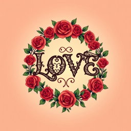 A captivating symbol for LOVE that avoids the heart shape, featuring the word 'LOVE' intricately designed with ornate floral patterns, surrounded by a circular wreath of vibrant roses and greenery