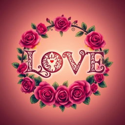 A captivating symbol for LOVE that avoids the heart shape, featuring the word 'LOVE' intricately designed with ornate floral patterns, surrounded by a circular wreath of vibrant roses and greenery