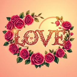 A captivating symbol for LOVE that avoids the heart shape, featuring the word 'LOVE' intricately designed with ornate floral patterns, surrounded by a circular wreath of vibrant roses and greenery