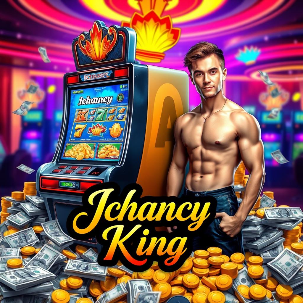 A realistic image featuring an Ichancy gaming machine, surrounded by piles of money, gold coins, and US dollar bills