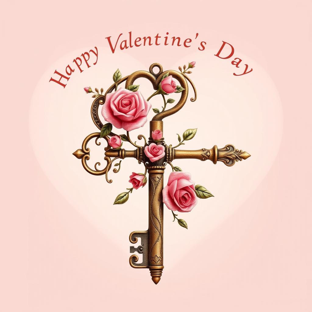 A charming and unique symbol for Valentine's Day, featuring an intricately designed vintage key adorned with floral patterns