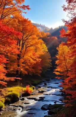 An ethereal and breathtaking landscape view of a vibrant forest in the autumn season
