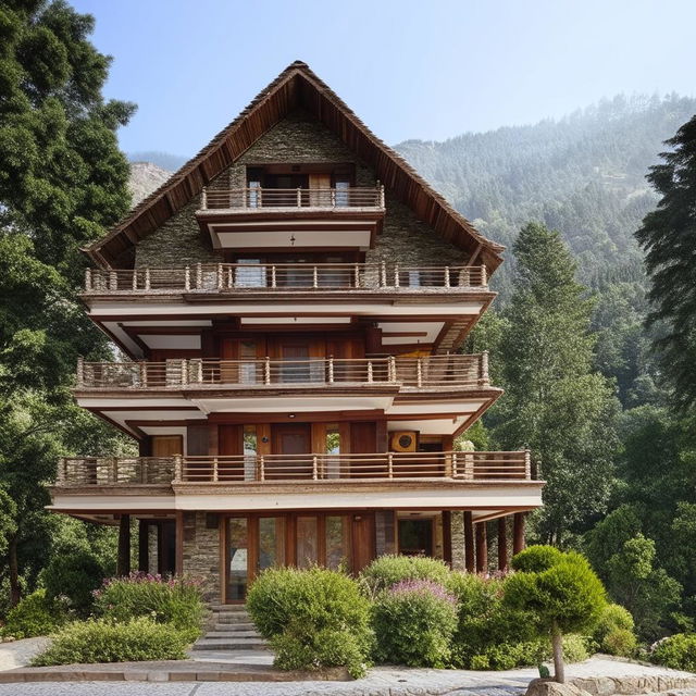 A charming house in Murree with a distinct, three-tiered roof.