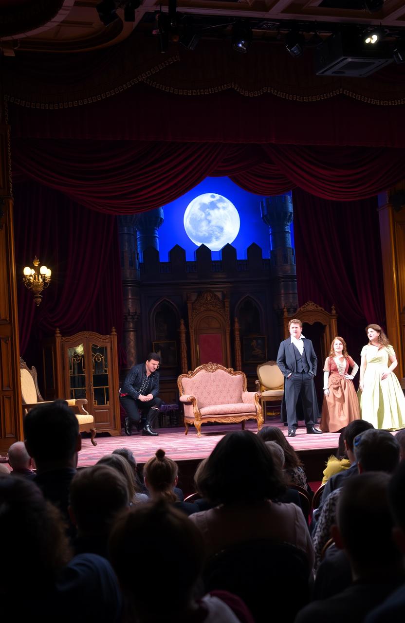 A vibrant stage scene set for a dramatic play, featuring an ornate wooden stage with bright, theatrical lighting