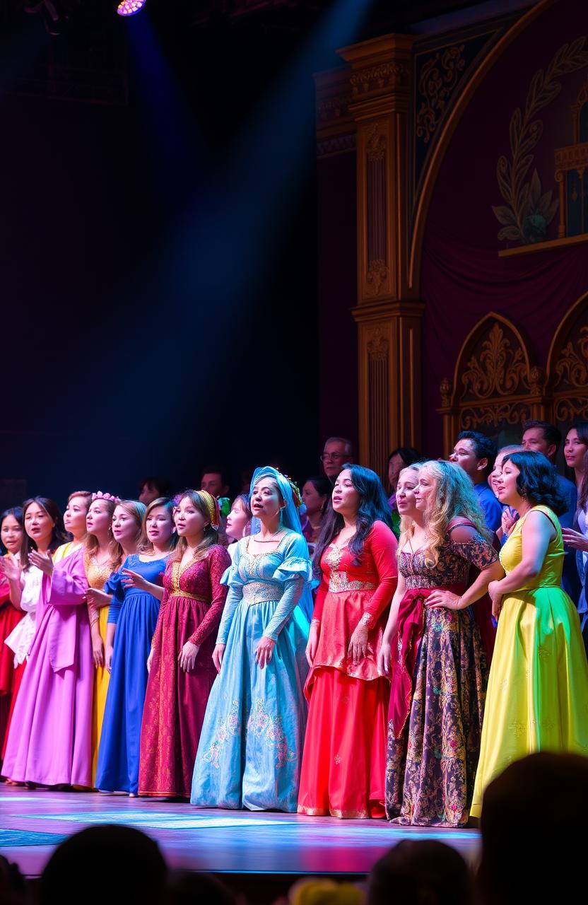 A vibrant performance of a stage drama featuring a diverse cast of actors in elaborate costumes, singing emotional songs
