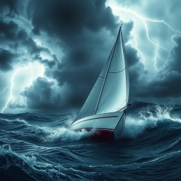 A dramatic scene featuring a white sailboat caught in a fierce storm, with dark, swirling clouds overhead and bright bolts of lightning illuminating the sky in the background