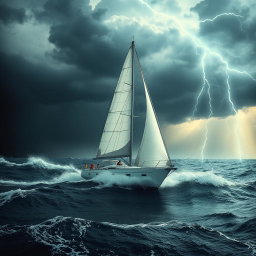 A dramatic scene featuring a white sailboat caught in a fierce storm, with dark, swirling clouds overhead and bright bolts of lightning illuminating the sky in the background