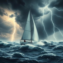 A dramatic scene featuring a white sailboat caught in a fierce storm, with dark, swirling clouds overhead and bright bolts of lightning illuminating the sky in the background